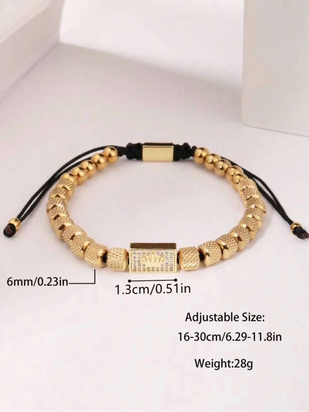 Gold Beaded Men's Bracelet with Black Cord
